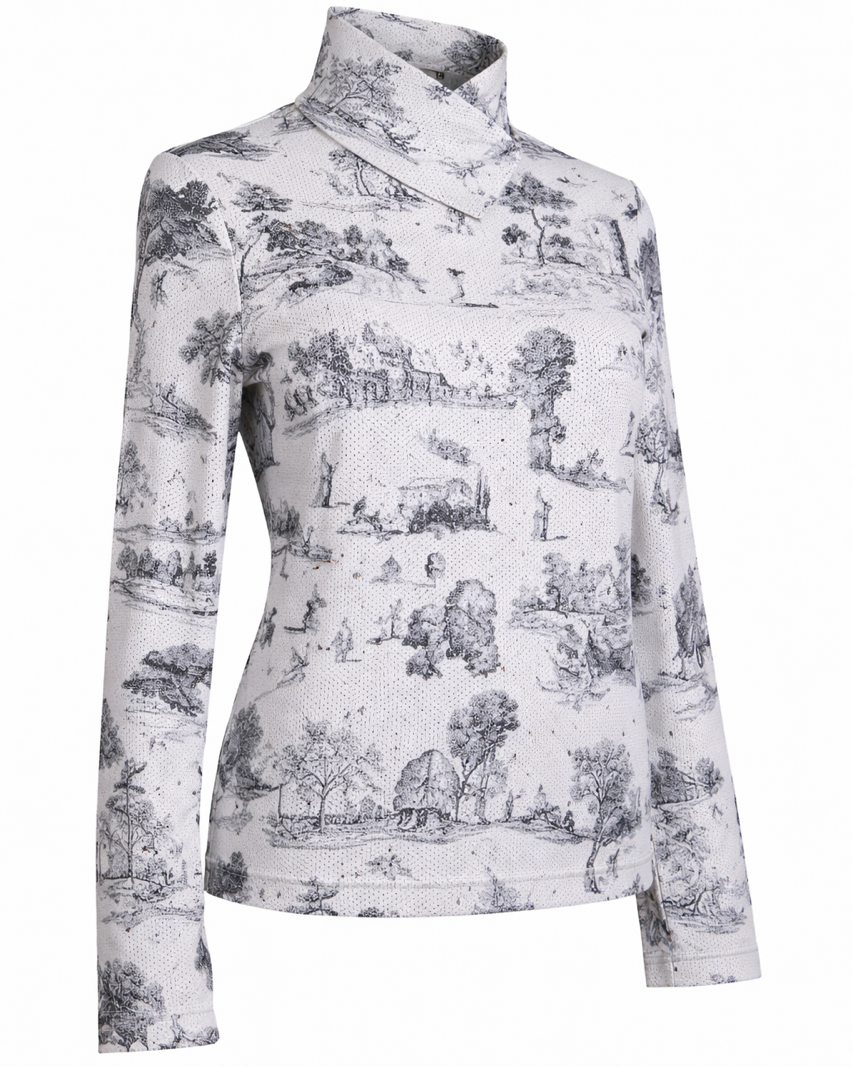 Long-sleeve shirt with scenic print on a white background